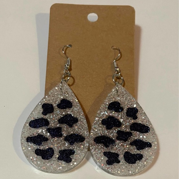 Handmade epoxy resin teardrop earrings - white multi glitter w/ navy  cowprint - Picture 1 of 4